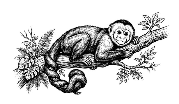 Monkey Sitting on Tree Branch Black and White Ink Vector Illustration