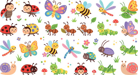 Cute Cartoon Insect Set Vector Illustration with Ladybug, Butterfly, Bee, Ant, Snail and Caterpillar for Kids Nature Design © Mifta