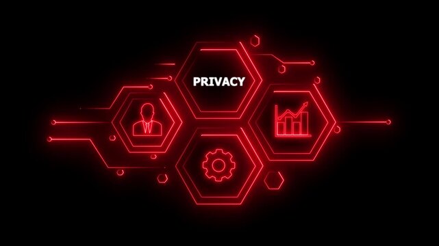 Abstract neon Hud knowledge ability business gear icon Glowing neon line concept. Glowing " PRIVACY " button in German on a futuristic, abstract wave technology on black background. 4K video..