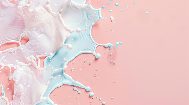 Dynamic blue liquid splash against dreamy pink gradient background for cosmetic product advertising