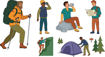 Hiking and camping outdoor adventure vector character set with hikers backpackers climbers tent forest isolated on white background © Rashidul