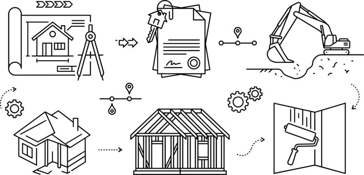 House building construction process linear vector icon set with blueprint contract key excavator frame structure and painting wall