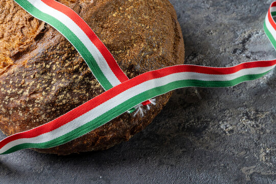 Traditional Hungarian Bread with National Tricolor Ribbon