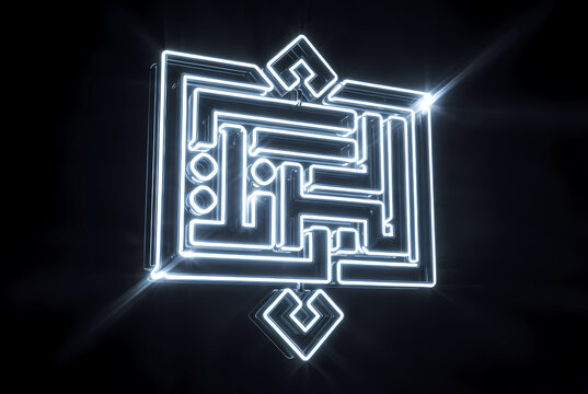 A glowing white maze with a futuristic design on a dark background