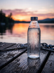 Fototapeta premium Eco Friendly Glass Water Bottle Standing on Wooden Deck During Sunset