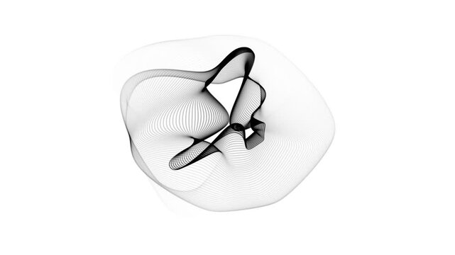 Abstract flowing black and white wavy lines forming a3D torus shape on a white background bright