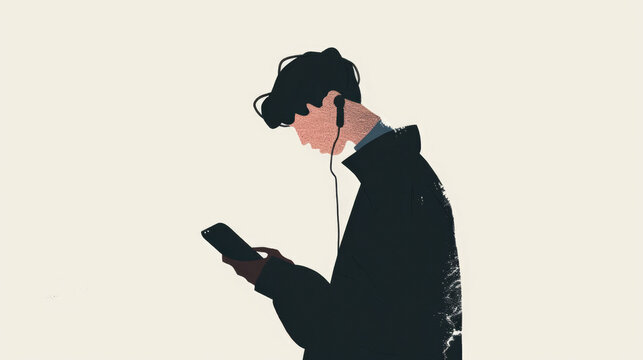 Man wearing headphones using smartphone in minimalist flat illustration style