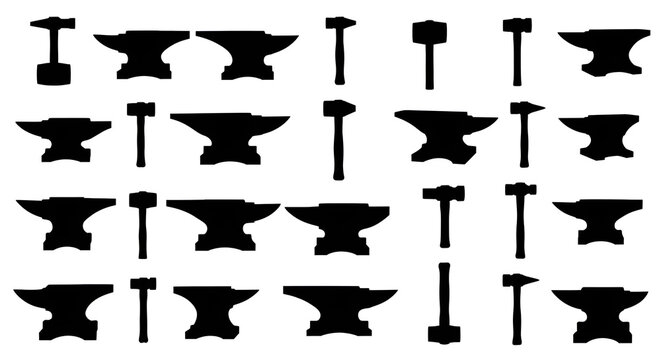 Silhouette Collection of Heavy Blacksmith Anvils and Forging Hammers on White