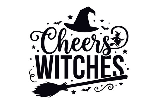 Cheers witches halloween typography design with witch hat and broom