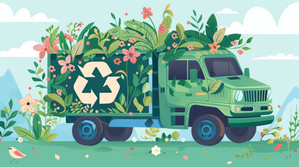 Obraz premium Illustration of eco recycling truck filled with colorful flowers and leaves with recycle symbol on bright background