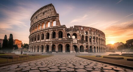 Naklejka premium Colosseum Amphitheater Rome Italy Ancient Landmark Sunrise Golden Hour Travel Destination