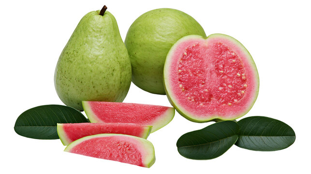 Whole and sliced pink guavas with green leaves