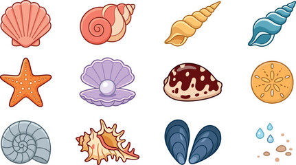 Sea shells and starfish vector icon set with pearl scallop sand dollar and marine life elements isolated on white background © Rashidul