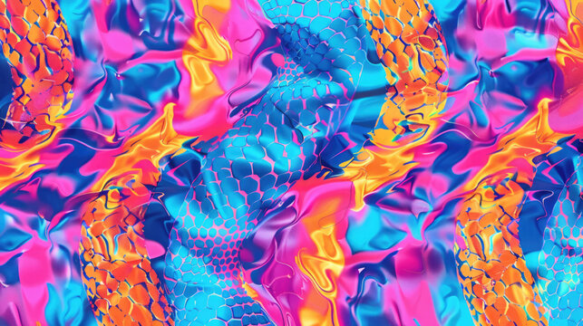 Psychedelic fashion snake skin pattern background with neon orange, blue, pink and purple colors in ultraviolet light effect