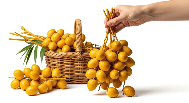 Hand picking fresh yellow dates from a bunch, basket full of dates background