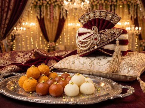 Traditional Indian Groom Wedding Turban with Festive Sweets and Golden Lights