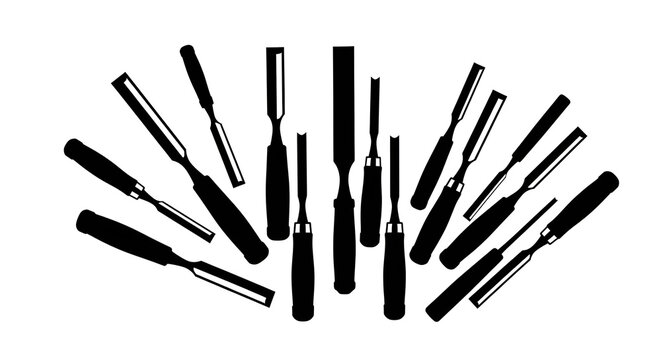 Silhouette Collection of Woodworking Chisels and Carving Tools on White Background