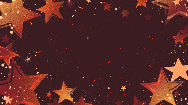 Red and gold glittering stars on deep burgundy background with copy space for text, festive holiday concept