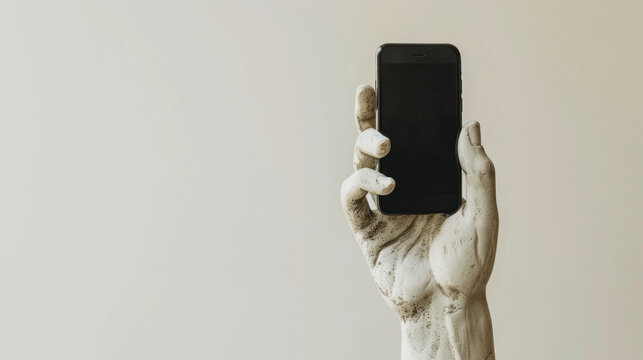 Marble hand holding modern smartphone against minimalist background