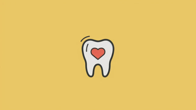 Minimalistic icon of tooth outline with red heart icon on neutral background for dental care love concept