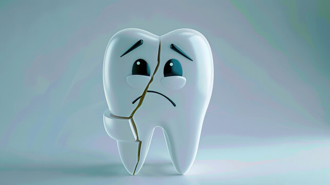 Cracked tooth character with sad expression on neutral background for medical dental concept with free place for text