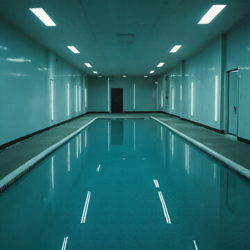 Minimalist indoor pool with fluorescent wall lights in dreamcore environment