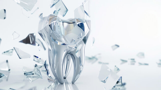 White tooth model with shattered glass pieces on light background for dental fragility concept