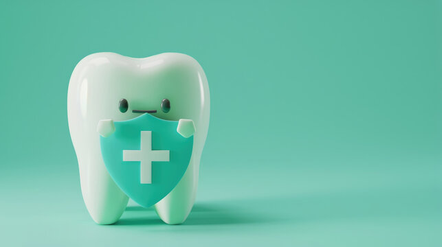 Cartoon smiling tooth character with protective shield on green background for dental care concept and place for text