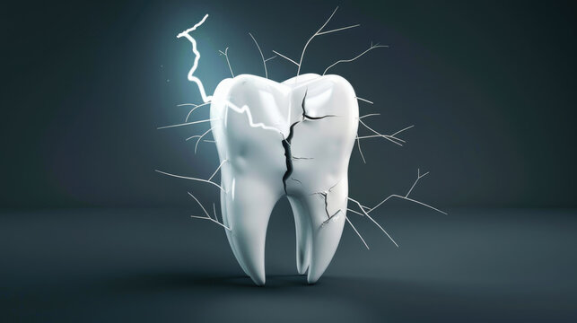 Cracked tooth with electric lightning bolts on dark background with place for text representing dental pain and sensitivity
