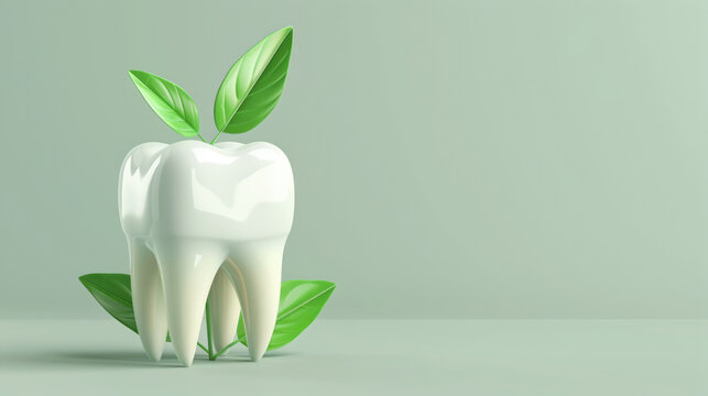 White tooth with green leaves on neutral background representing natural dental care and eco-friendly oral health