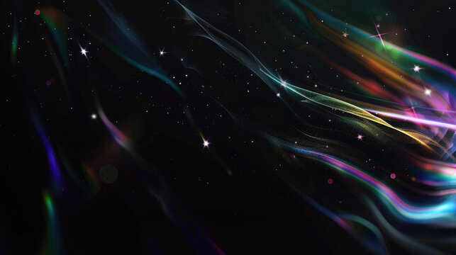Dynamic colorful abstract waves with stars on dark cosmic background, space wallpaper with northern lights effect