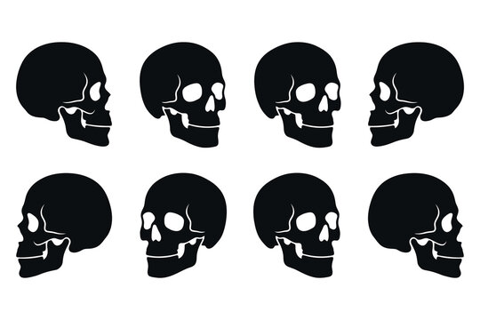 Eight black silhouette skull designs for halloween and gothic art