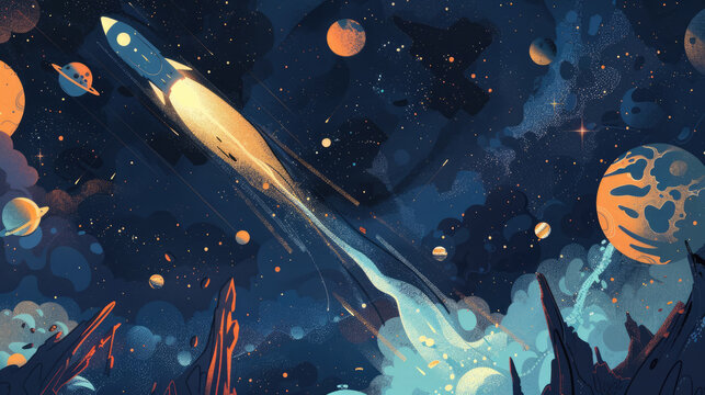 Stylized space illustration background with rocket flying through cosmic planets in blue and orange colors