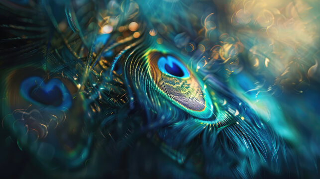 Mysterious peacock feathers with deep blue eyes against dark background with golden bokeh lights