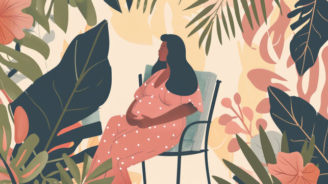 Pregnant woman in a dress sitting in garden with tropical leaves, modern minimalist illustration, background