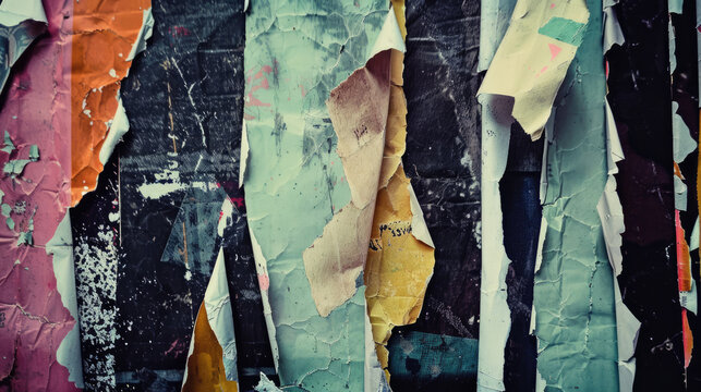 Old torn paper striped layers on grunge wall with peeling colorful posters abstract texture background