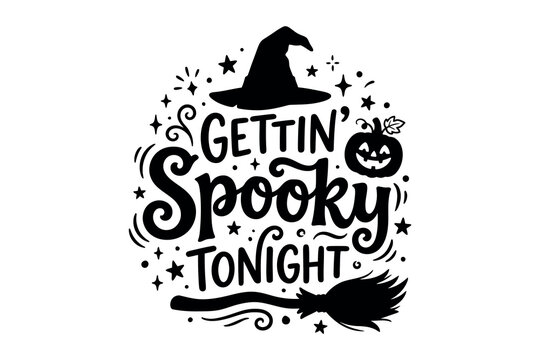 Hand lettered halloween typography with witch hat and spooky elements