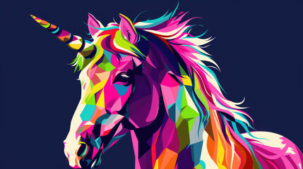 Obraz premium Colorful geometric unicorn portrait in vibrant neon colors on dark blue background with abstract polygonal style