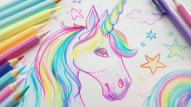 Colorful unicorn drawing with rainbow mane and magical celestial elements on white paper with colored pencils