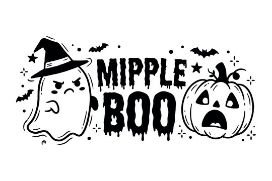 Spooky halloween ghost and pumpkin graphic with 'mipple boo' text