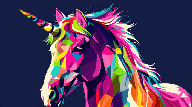 Colorful geometric unicorn portrait in vibrant neon colors on dark blue background with abstract polygonal style
