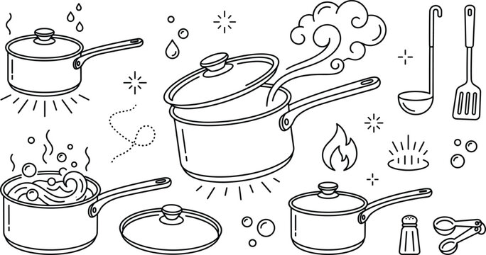 Kitchen pots and pans cooking vector line art set with boiling food steam fire ladle spatula and spices