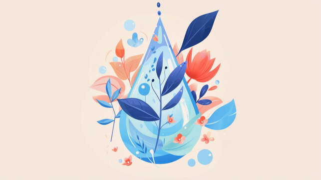 Abstract floral composition with water drop shape and botanical elements in coral and blue colors