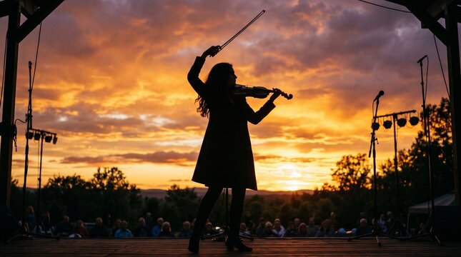 Violinist Silhouette Performing at Sunset