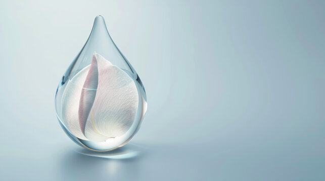Delicate pink rose petal floating in crystal teardrop with soft background and gentle shadows
