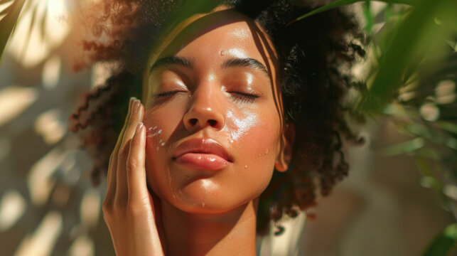 Beautiful woman applying face cream or beauty product with gentle massage movements on clean glowing skin. Cosmetics concept background