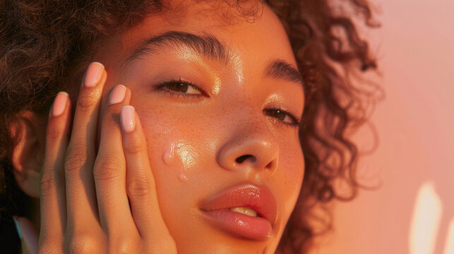 Beautiful woman applying face cream or beauty product with gentle massage movements on clean glowing skin. Cosmetics concept background
