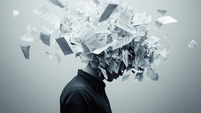 Office worker with papers and documents exploding from his head representing information overload and mental stress
