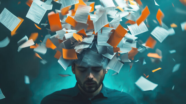 Office worker with papers and documents exploding from his head representing information overload and mental stress
