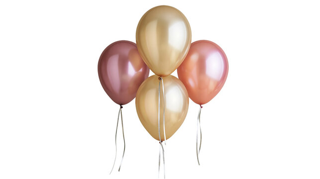 Group of four metallic balloons in rose gold and gold colors with silver ribbons